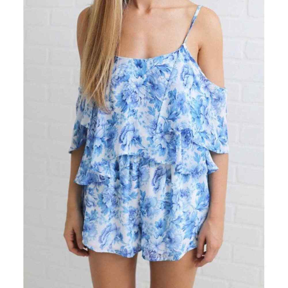 Show Me Your MuMu Quinn Women’s Ruffle Romper Blue Floral Flowy Off The Shoulder